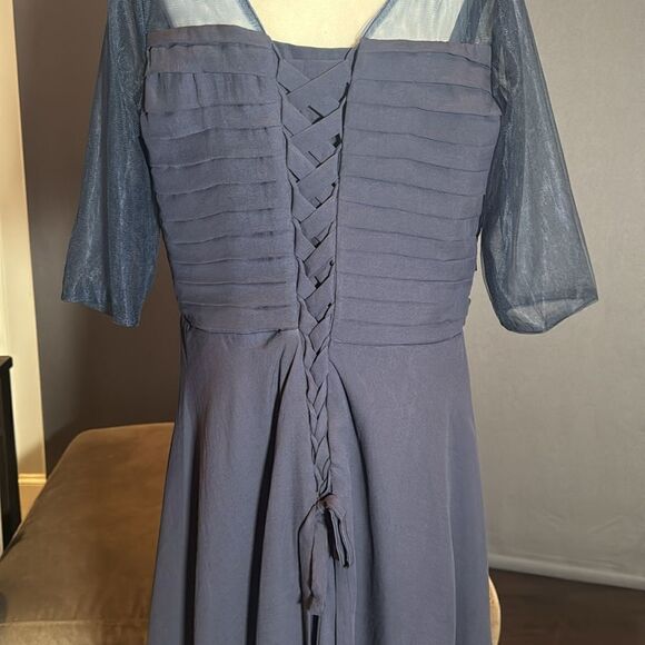 Women’s Navy Blue Pleated Chiffon Formal Dress Corset Back Sheer Sleeve Size 16W - Picture 6 of 12